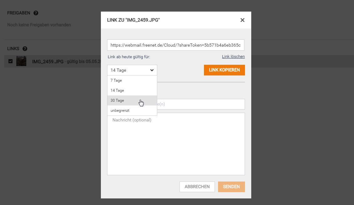 Screenshot Freigabe-Link anpassen
