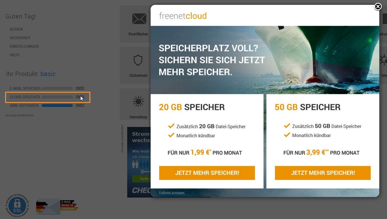 Screenshot Speicherugrade Cloud