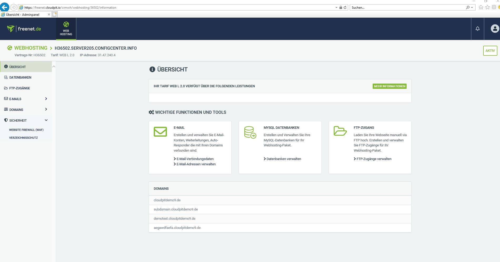 Screenshot Übersicht des Webhostings