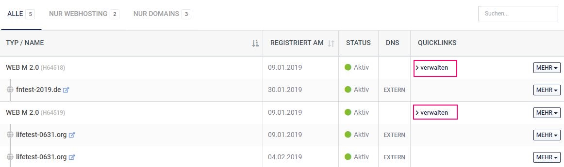 Screenshot Weg 2 Domainverwaltung