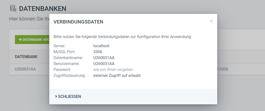 Screenshot Domain Datenbank anlegen - Verbindungsdaten abrufen