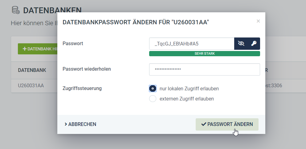 Screenshot Domain Datenbank anlegen - Passwort ändern