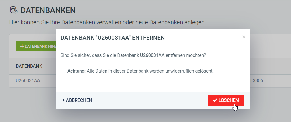 Screenshot Domain Datenbank anlegen - Datenbank löschen