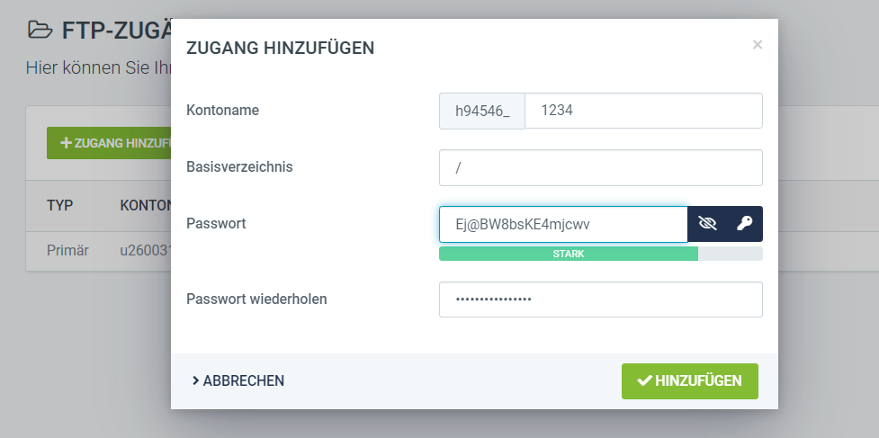 Screenshot Zugang anlegen