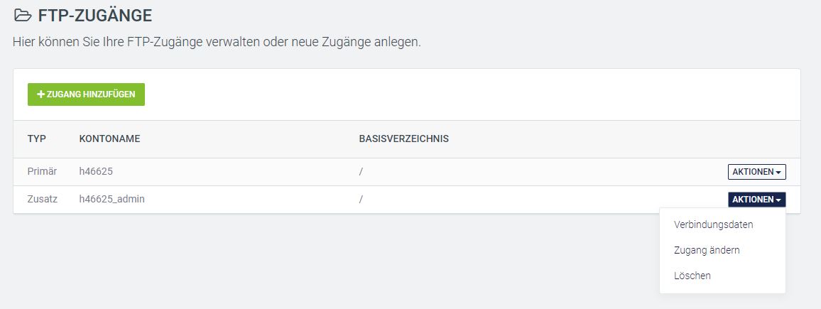 Screenshot FTP Zugänge verwalten