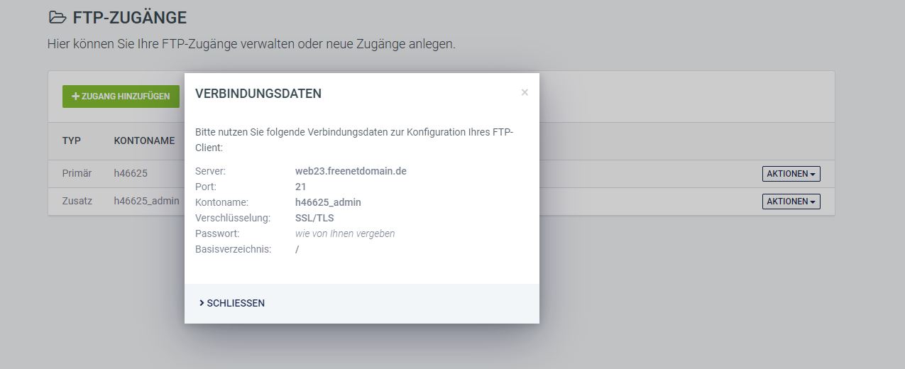 Screenshot Anzeige der FTP Verbindungsdaten