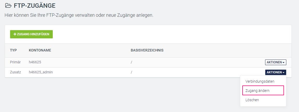 Screenshot FTP-Zugang ändern