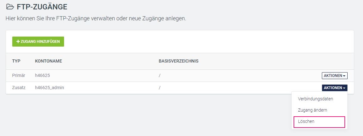 Screenshot FTP Zugänge löschen