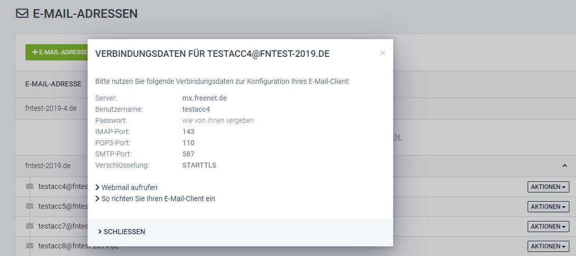Screenshot Anzeige der Verbindungsdaten