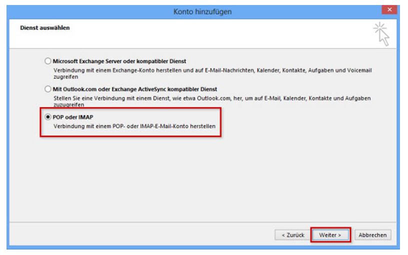 Screenshot Outlook 2013: Einrichtung IMAP Schritt 3