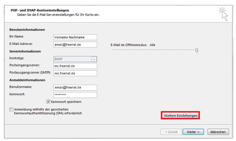Screenshot Outlook 2013: Einrichtung IMAP Schritt 4