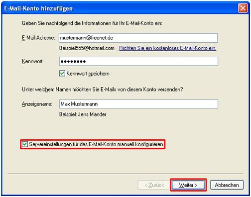Screenshot Schritt 2 - Einrichten des Kontos