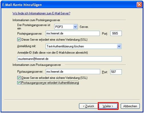 Screenshot Schritt 3 - Einrichten der Servereinstellungen