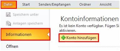 Screenhot Outlook 2010: Einrichtung POP3 Schritt 1