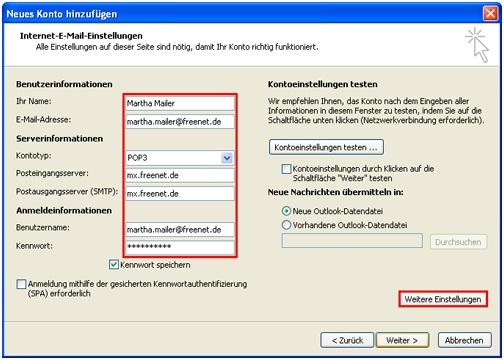Screenhot Outlook 2010: Einrichtung POP3 Schritt 4