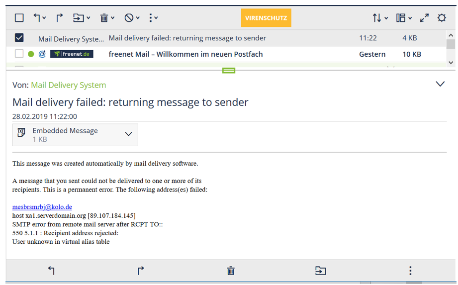 Screenshot E-Mail Rückläufer
