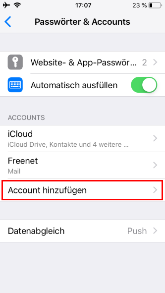 Screenshot Schritt 2 - Account hinzufügen