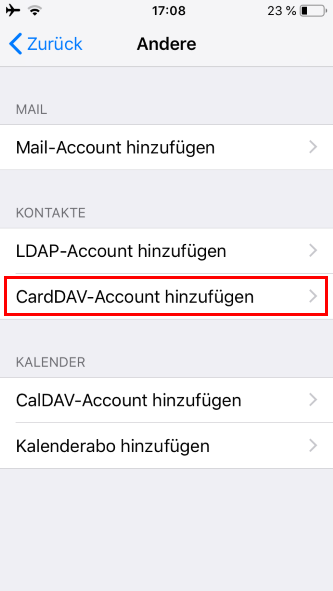 Screenshot Schritt 4 - CardDAV Konfiguration aufrufen