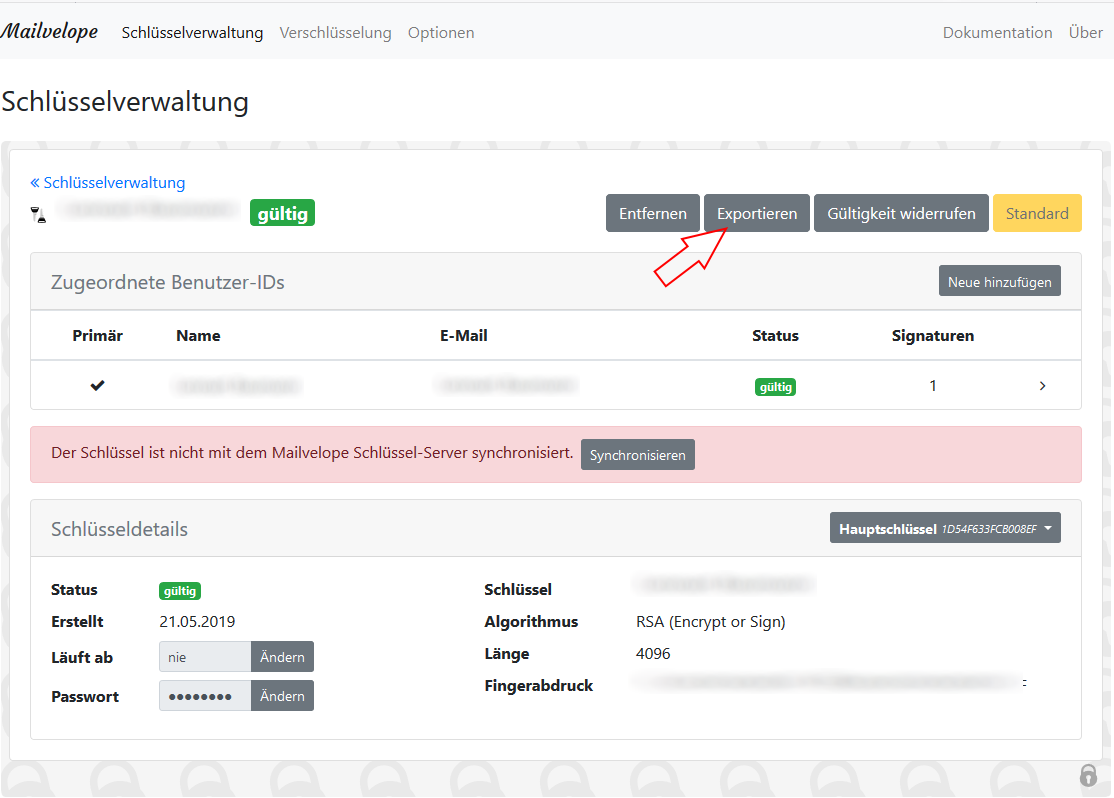 Screenshot Schritt 3 - Schlüssel "Exportieren"