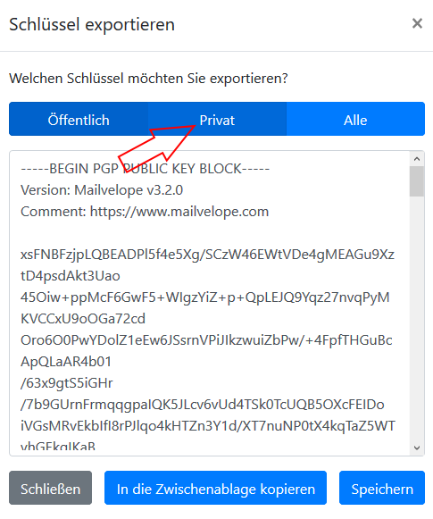 Screenshot Schritt 4 - privaten Schlüssel auswählen