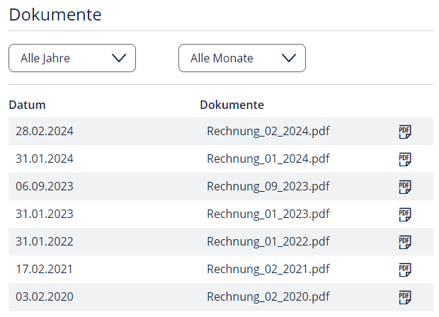Screenshot Rechnungsübersicht