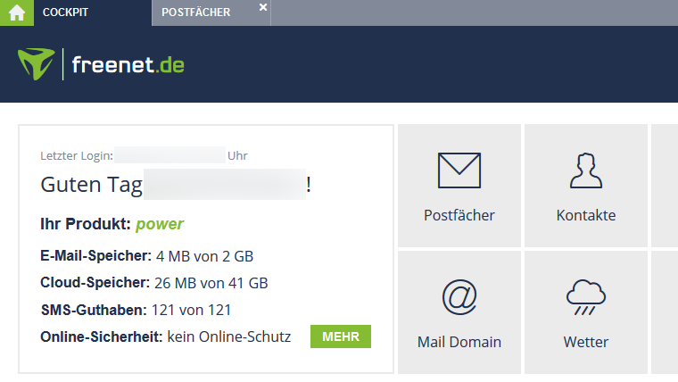 Screenshot Cockpit freenet Mail kostenpflichtig