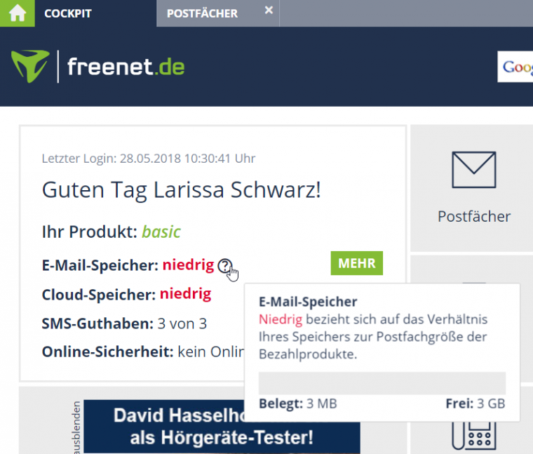 Screenshot Cockpit freenet Mail Basic